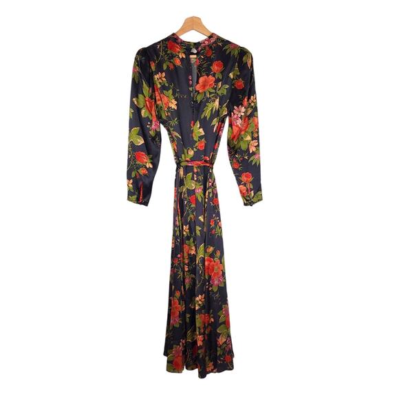 Reformation Julius Silk Dress Black Floral Print Long Sleeve Midi Length Size 8 - Picture 3 of 13